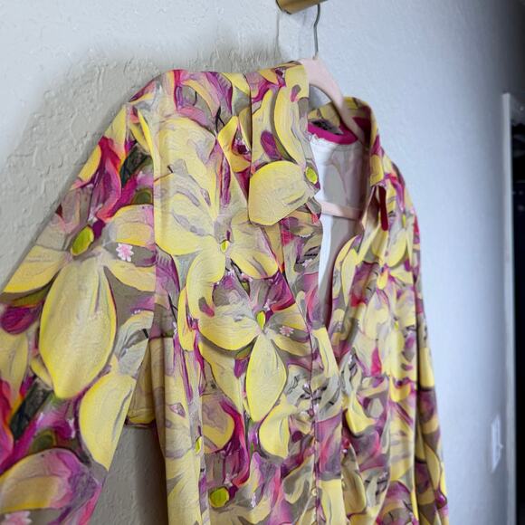 CHIARA BONI Blouse LG Point Collar V-Neck Split Cuffs Ruched Split Cuffs Floral - Picture 8 of 14